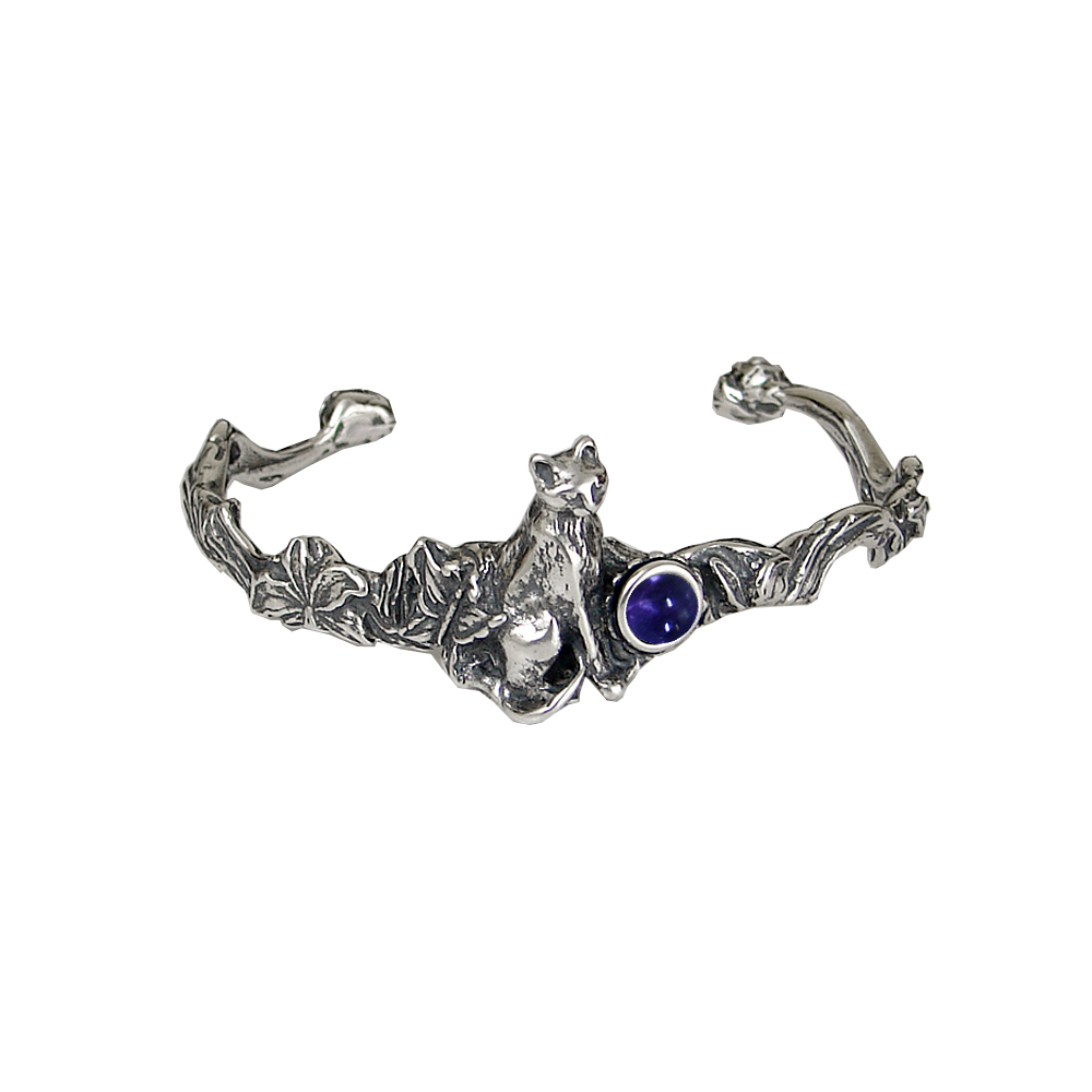 Sterling Silver Cat With Flowers Cuff Bracelet Iolite